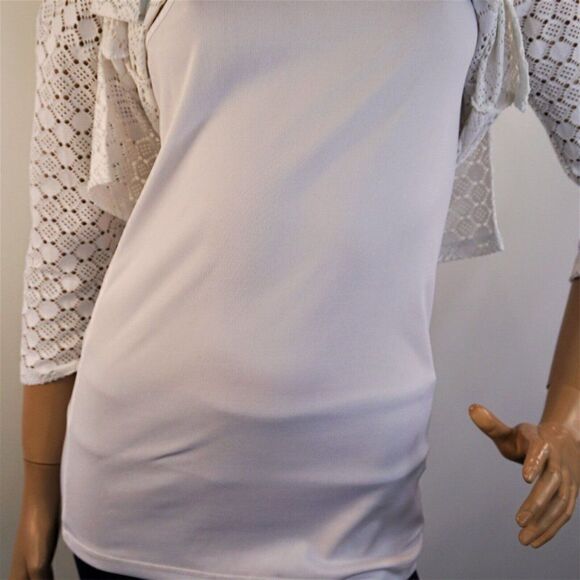 Peck And Peck White Tunic Top Cutout Pattern Stretch 3/4 Sleeve Lined Sz Small - Picture 9 of 9